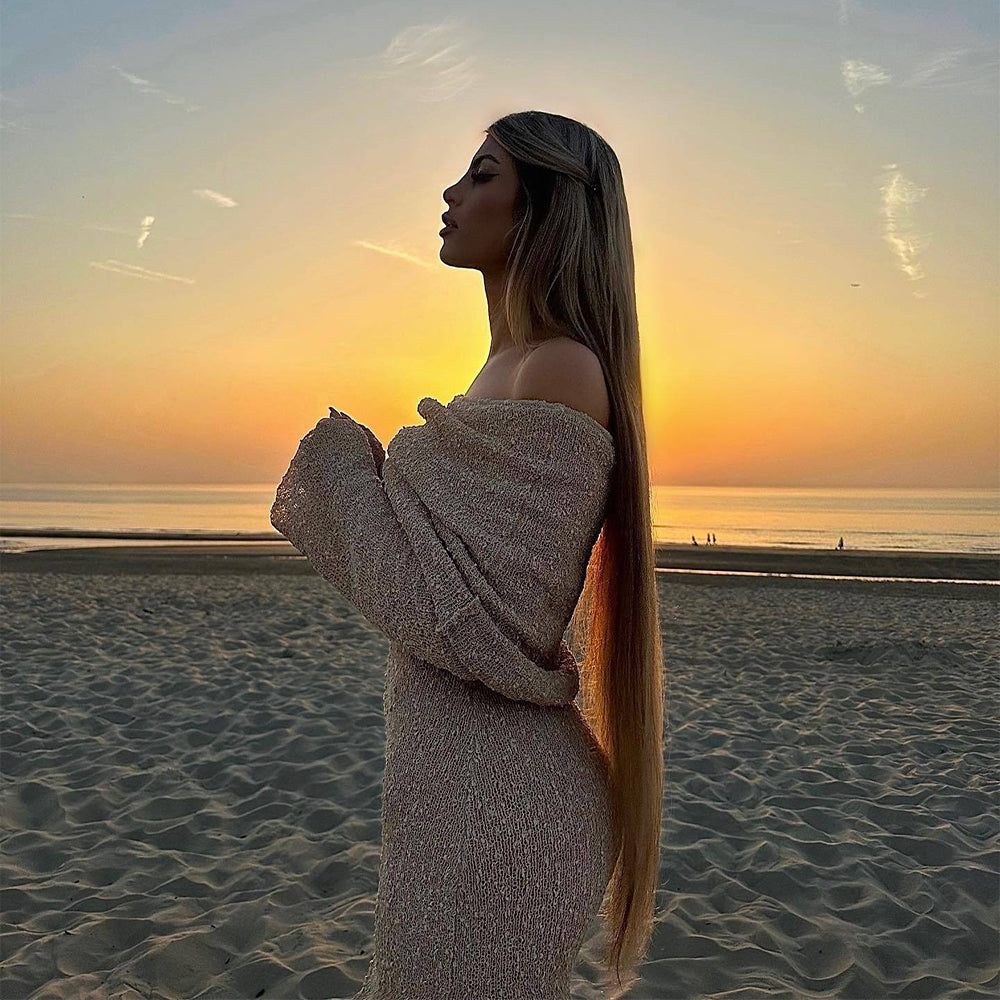 Women's One-Shoulder Long-Sleeve Knit Maxi Dress (photo 9)