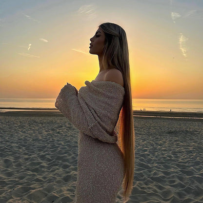 Women's One-Shoulder Long-Sleeve Knit Maxi Dress (photo 9)