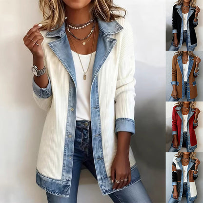 Women's Patchwork Button-Down Shirt Jacket with Lapel Collar