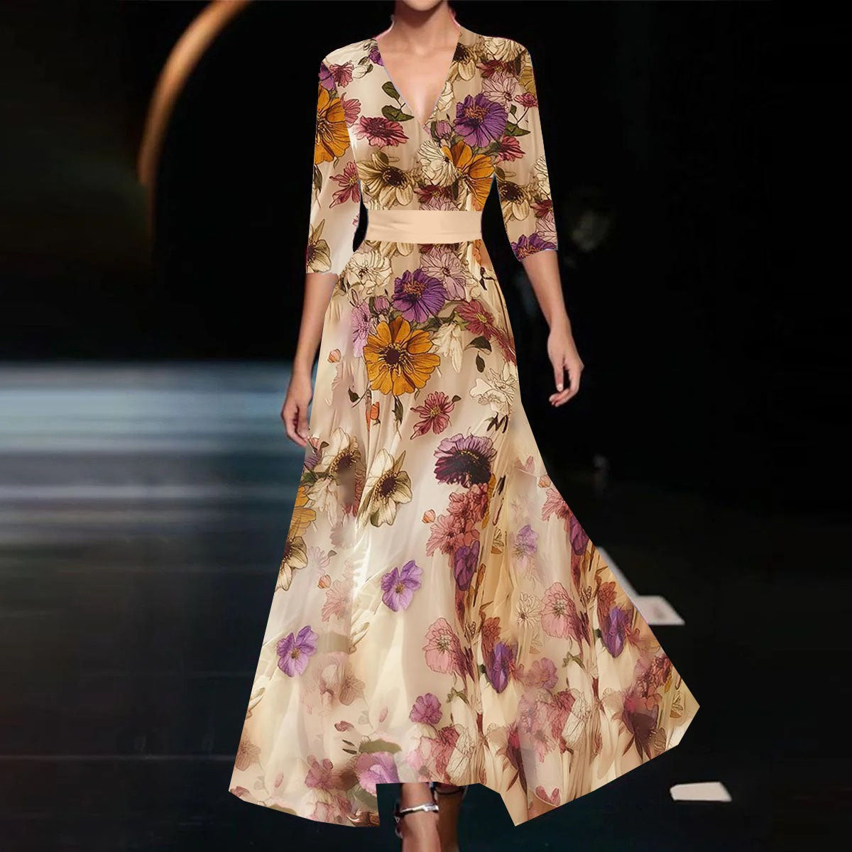 Women's Floral V-Neck Short-Sleeve Maxi Dress with Slit (photo 6)