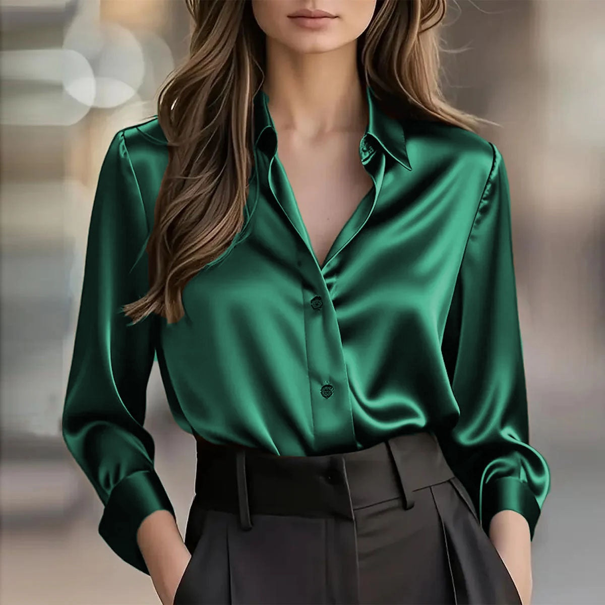 Women's Satin Button-Up Long-Sleeve Blouse (photo 22)