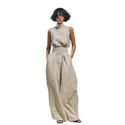 Women's Sleeveless Stand-Collar Top and Wide Pants Set (photo 5)