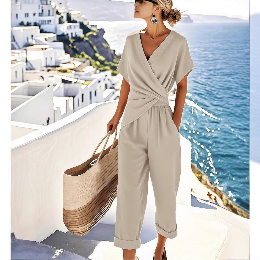 Women's Pleated V-Neck Short-Sleeve Top and Cropped Pants Set (photo 3)