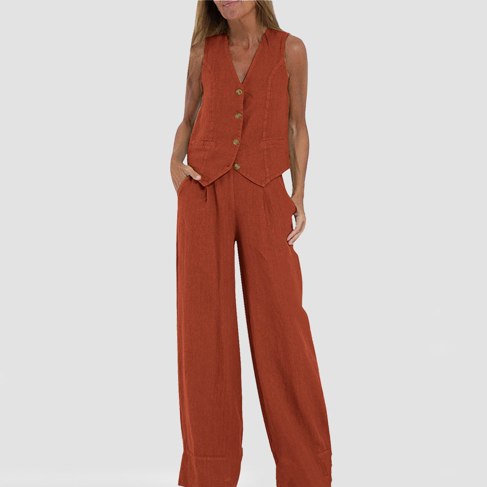 Women's Sleeveless V-Neck Vest and Straight Pants Set (photo 7)