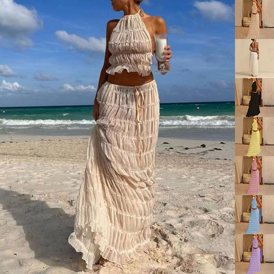 Women's Halter Crop Top and Pleated Maxi Skirt Set