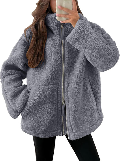 Women's Lapel Zip-Up Fleece Coat with Pockets (photo 8)