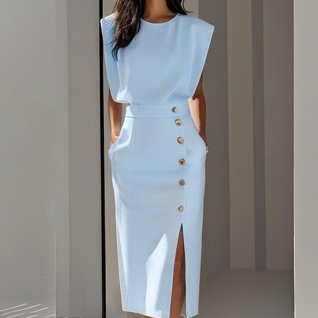 Women's Sleeveless Button-Front Midi Dress with Slit (photo 8)