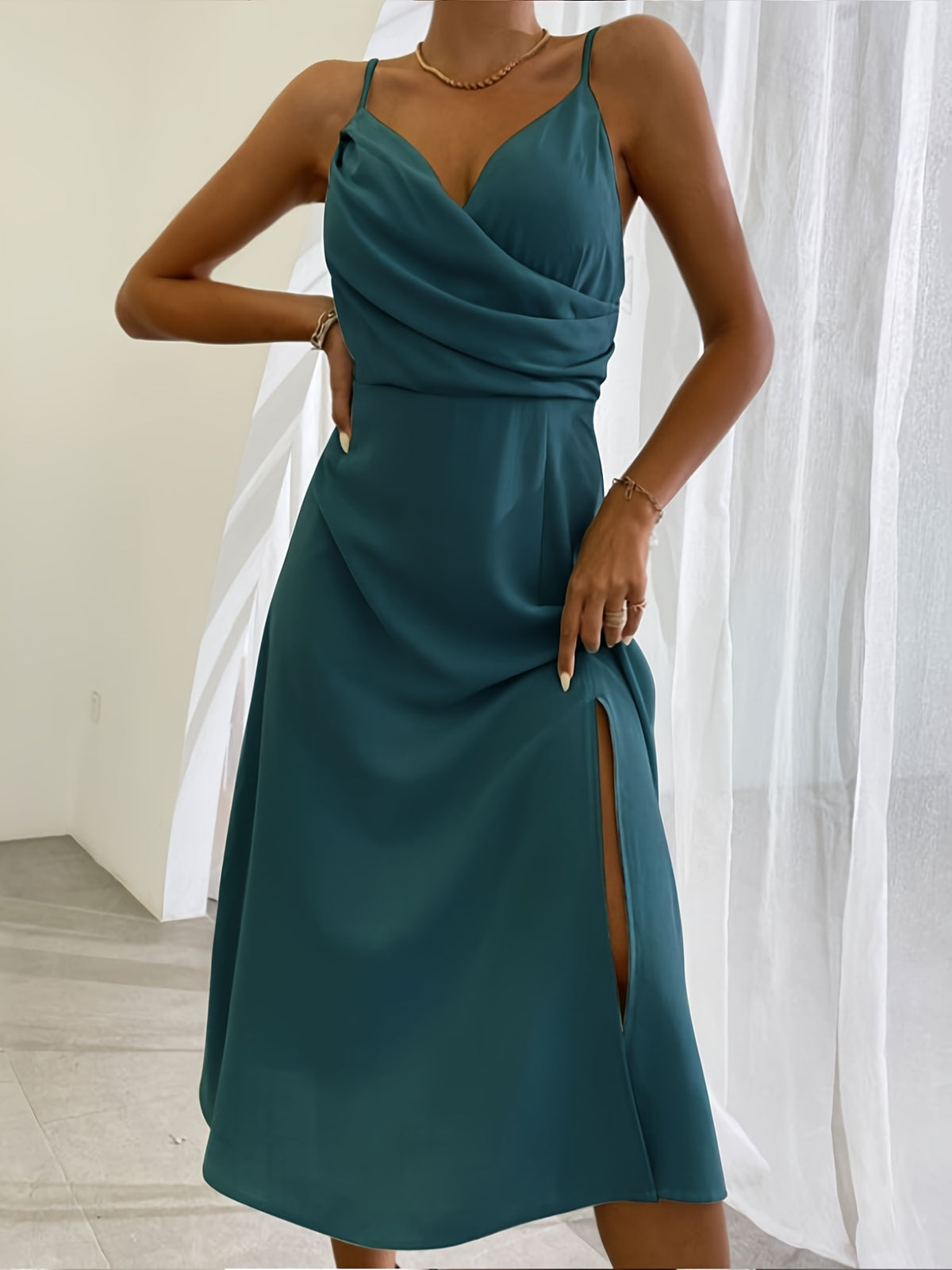 Women's V-Neck Strappy Midi Dress with Slit (photo 16)