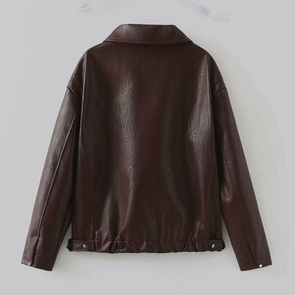 Women's Faux Leather Lapel Zip Jacket (photo 9)