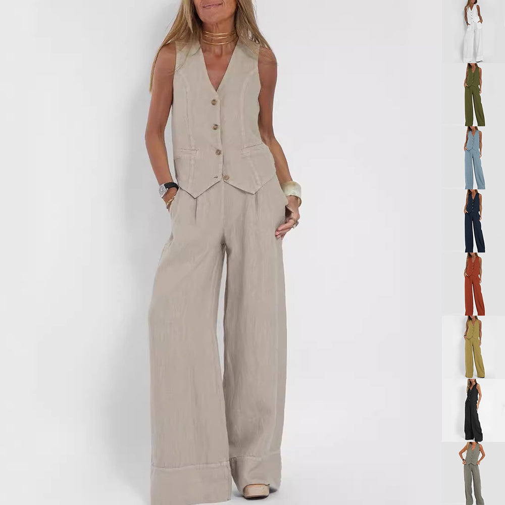 Women's Sleeveless V-Neck Vest and Straight Pants Set