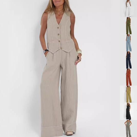Women's Sleeveless V-Neck Vest and Straight Pants Set