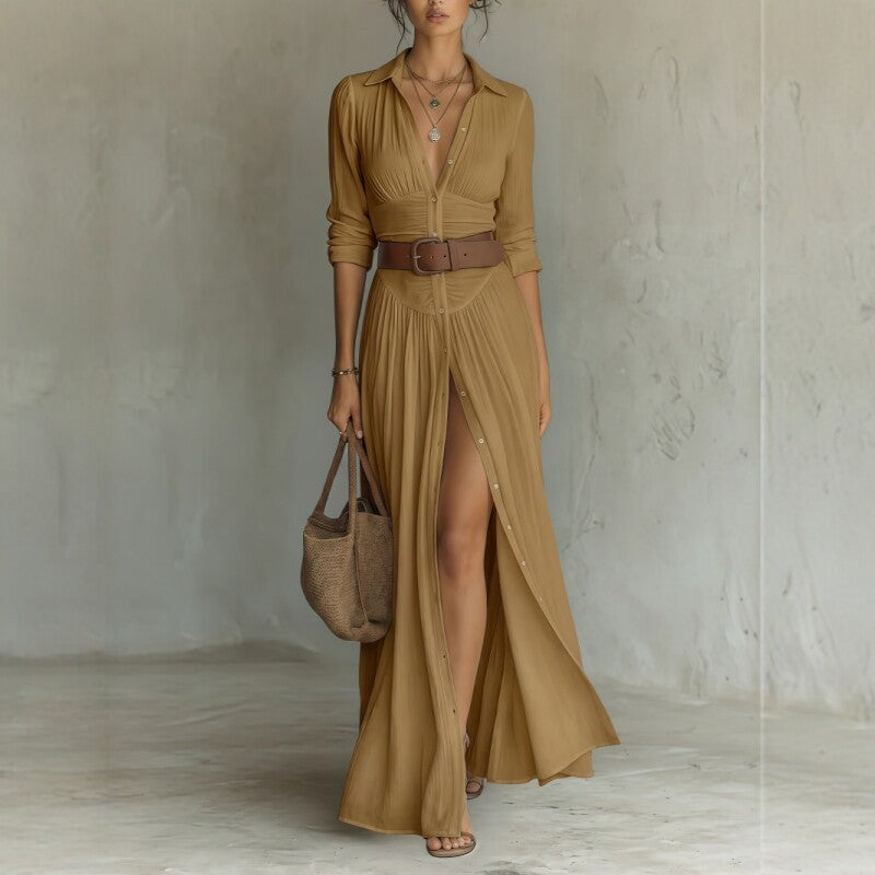 Women's V-Neck Maxi Shirt Dress with Side Slit (photo 4)