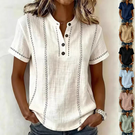 Women's Striped Stand-Collar V-Neck Short-Sleeve Blouse