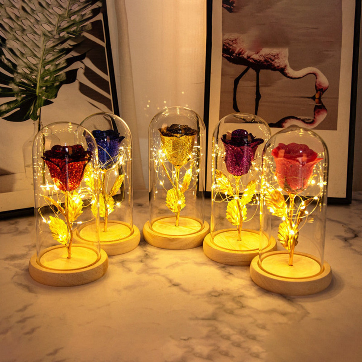Preserved Rose with LED Lights in Glass Dome