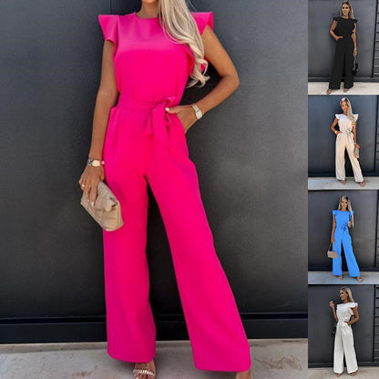Women's Sleeveless Ruffled Jumpsuit with Belt and Pockets