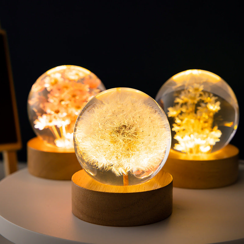 Dandelion or Daisy Ball Night Light with Beech Wood Base, USB