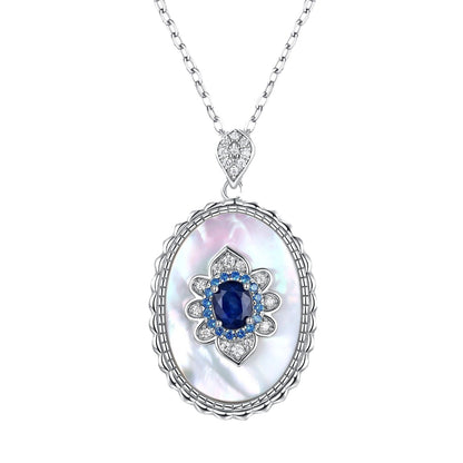 Oval Blue Stone Pendant Necklace, 925 Sterling Silver – Platinum