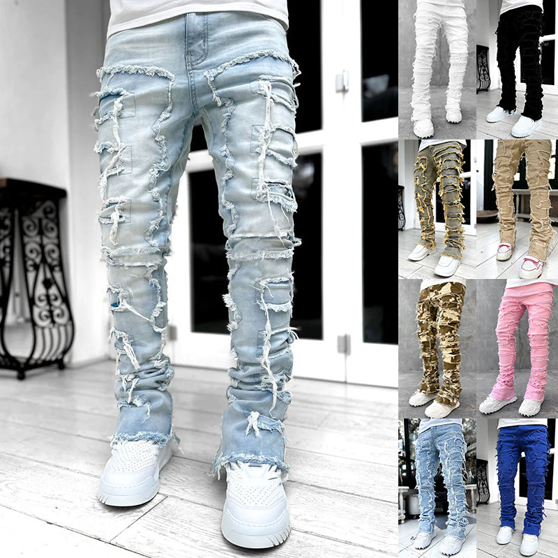 Men's Fringed Ripped Stacked Skinny Jeans