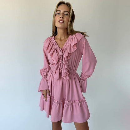 Women's V-Neck Ruffle Flare-Sleeve Mini Dress (photo 4)