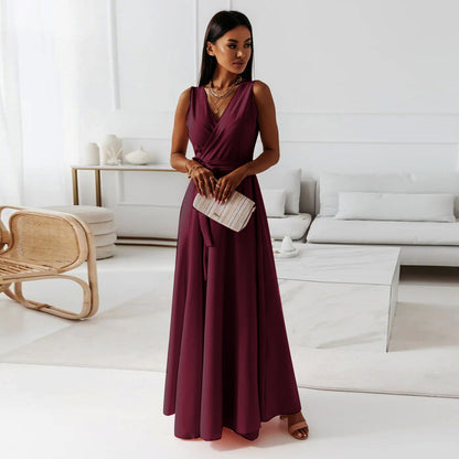 Women's V-Neck Sleeveless Maxi Dress with Belt (photo 6)