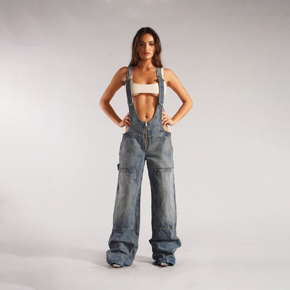 Women's Zip Denim Overalls with Pockets (photo 11)