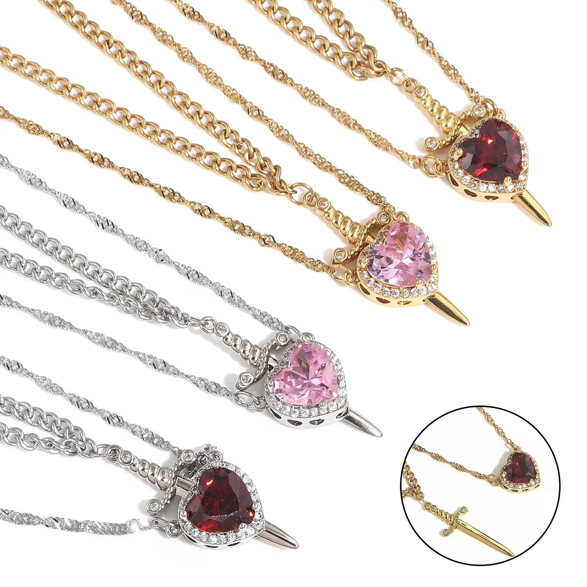 Heart and Sword Couple Necklace Set