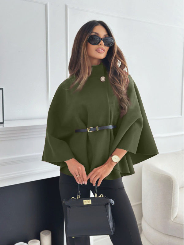 Women's Stand-Collar Batwing Cape Jacket with Belt (photo 19)