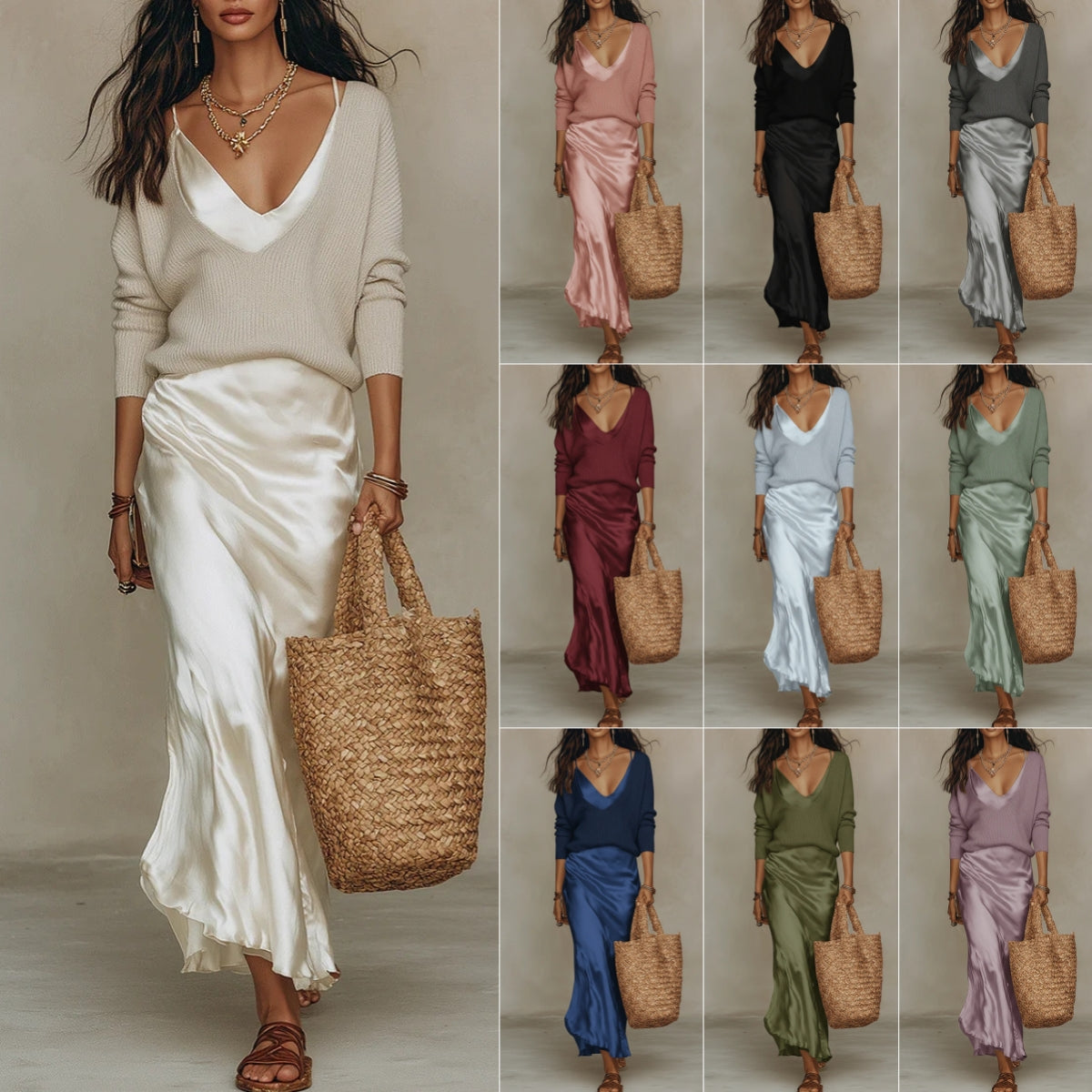 Women's Satin Slip Maxi Dress and Knit Top Two-Piece Set