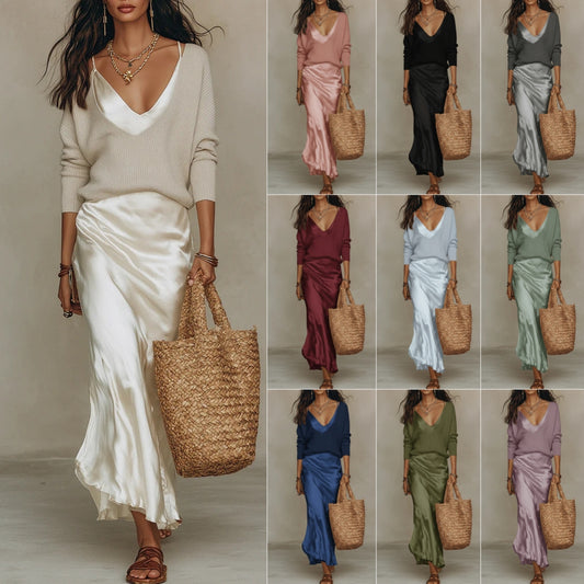 Women's Satin Slip Maxi Dress and Knit Top Two-Piece Set