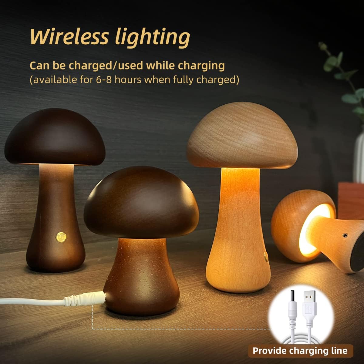 Wooden Mushroom LED Night Light with Touch Switch (photo 3)