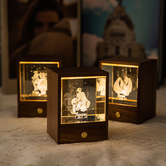 Zodiac Crystal Night Light in Walnut Wood Box