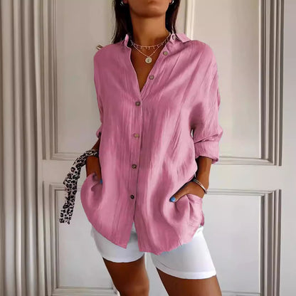 Women's Lapel Long-Sleeve Pleated Button-Front Shirt (photo 6)