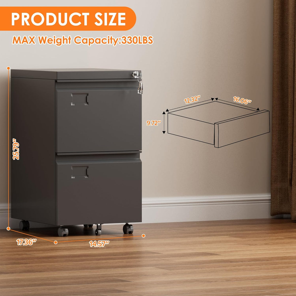 2-Drawer Metal Mobile File Cabinet with Lock (photo 3)