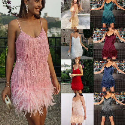 Women's Sequin Tassel V-Neck Strappy Mini Dress