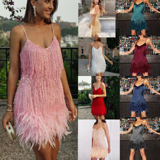 Women's Sequin Tassel V-Neck Strappy Mini Dress