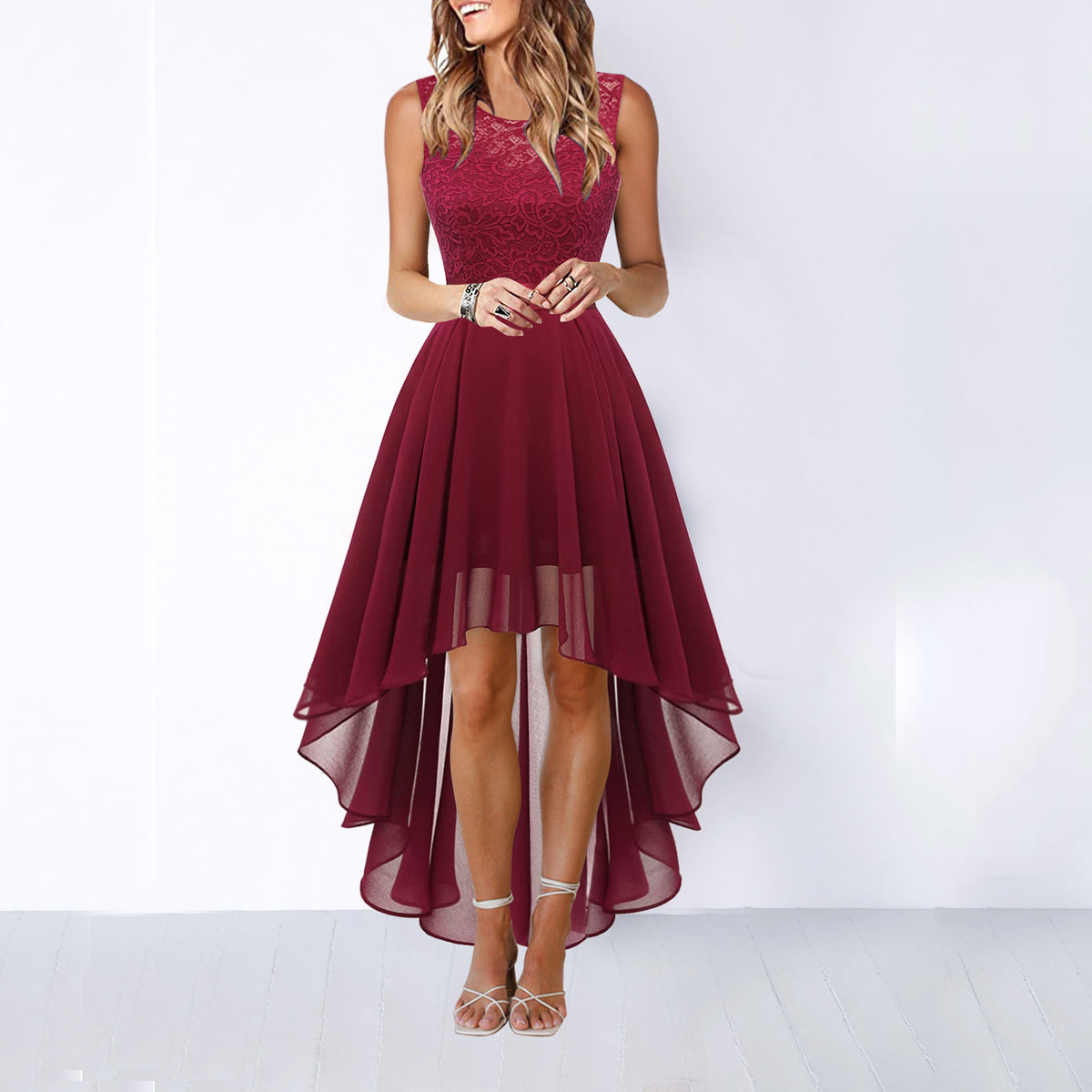 Women's Sleeveless Chiffon A-Line Dress with Lace Panels (photo 8)