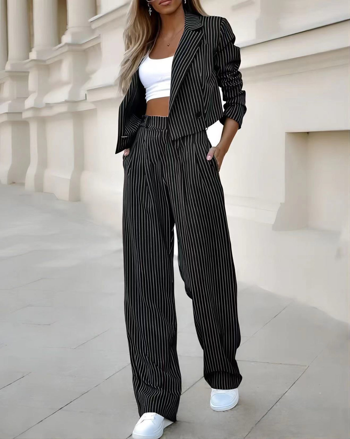 Women's Striped Lapel Crop Top and Straight Pants Set (photo 11)