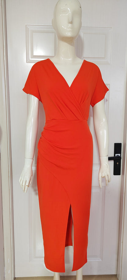 Women's Slim-Fit Short-Sleeve V-Neck Dress with Slit (photo 16)