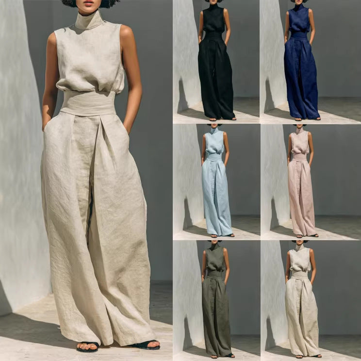 Women's Sleeveless Stand-Collar Top and Wide Pants Set