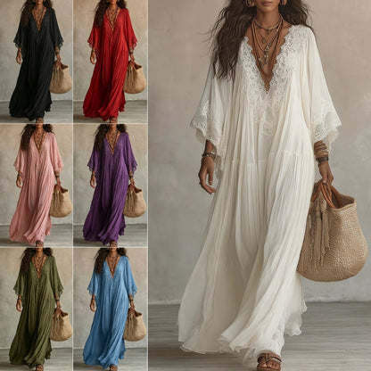 Women's V-Neck Maxi Dress with Lace Trim