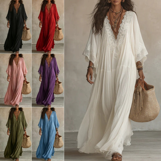 Women's V-Neck Maxi Dress with Lace Trim
