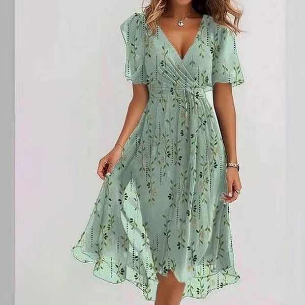 Women's Printed Chiffon V-Neck Short-Sleeve Dress (photo 10)