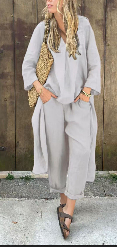 Women's Long V-Neck Top and Wide-Leg Pants Set (photo 9)