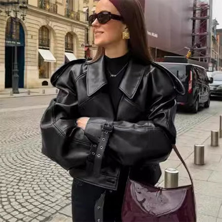 Women's Loose Lapel PU Leather Cropped Jacket (photo 2)
