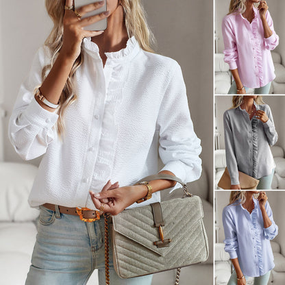 Women's Striped Ruffle Long-Sleeve Button-Up Blouse