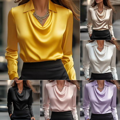 Women's Draped-Collar Satin Long-Sleeve Blouse