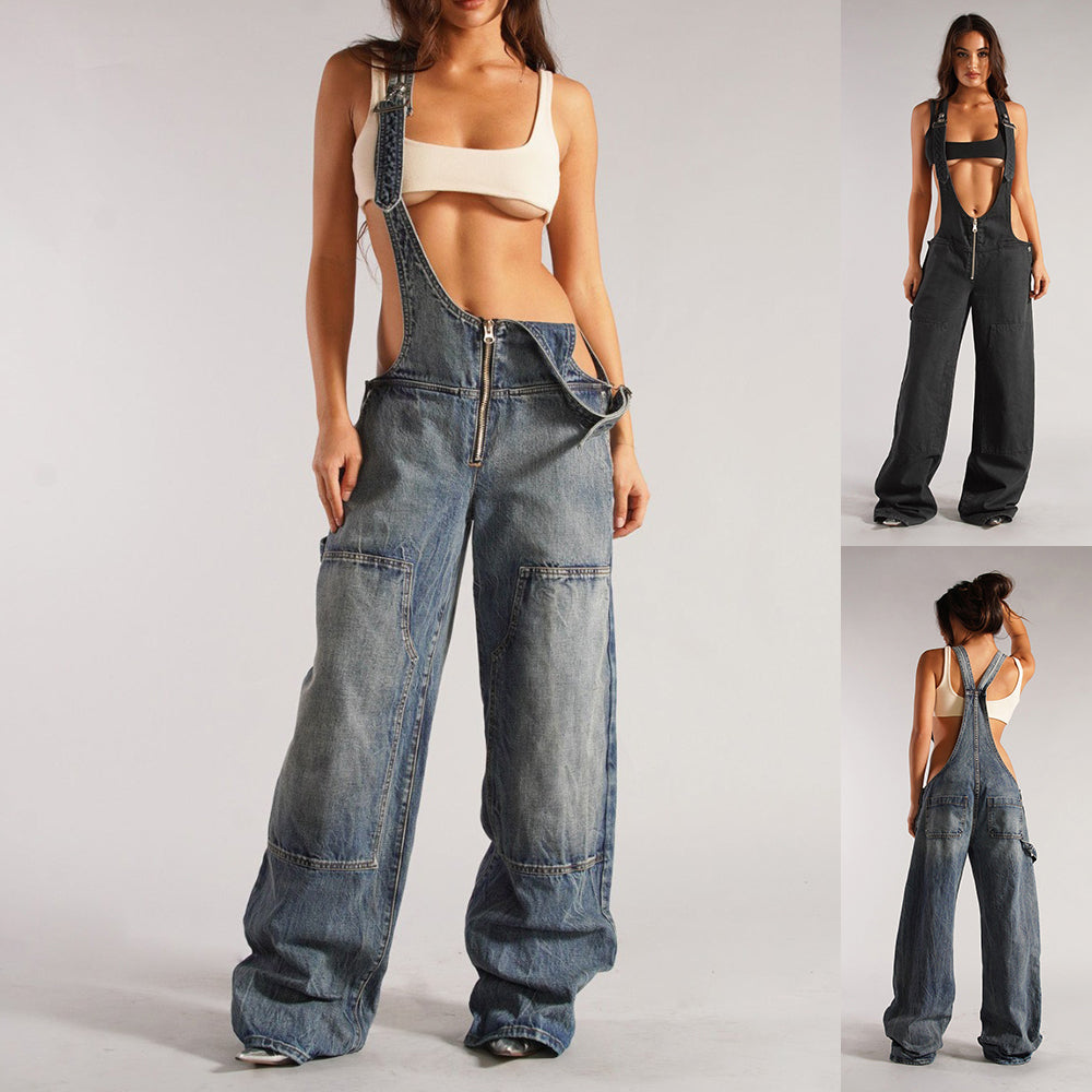 Women's Zip Denim Overalls with Pockets