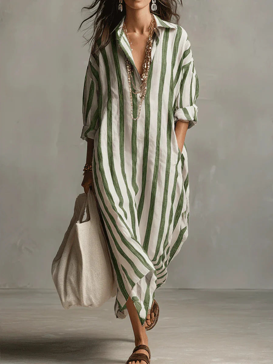 Women's Striped Split-Collar Long Shirt Dress (photo 7)