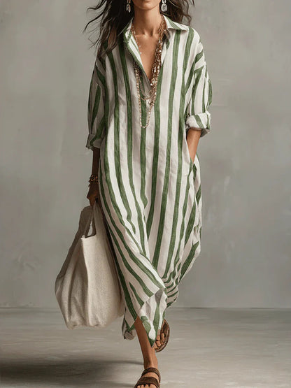 Women's Striped Split-Collar Long Shirt Dress (photo 7)