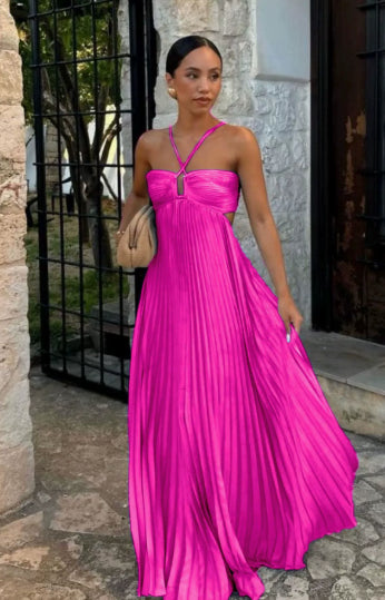 Women's Pleated Halter Maxi Dress with Cut-Out Detail (photo 16)